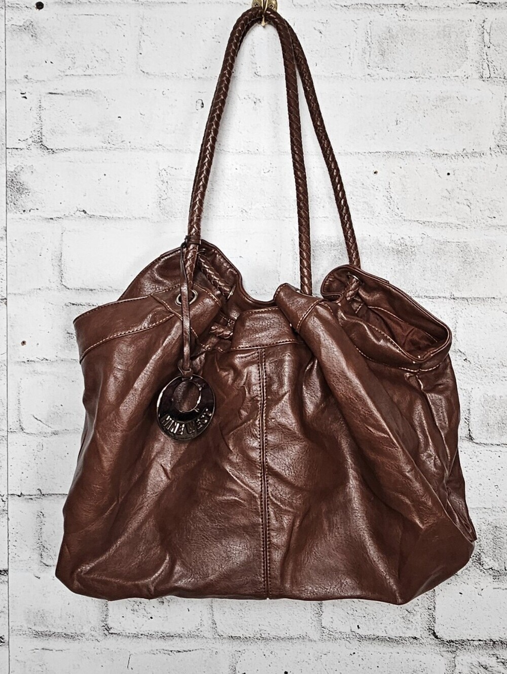 Nine West Brown Faux Leather Tote Shoulder Bag Braided Straps Large